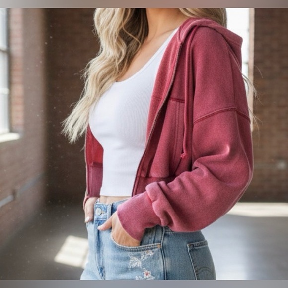NWT Acid Washed Cropped Zip Up Terry Hoodie Crop Hooded Sweatshirt Dark Red - Picture 4 of 11